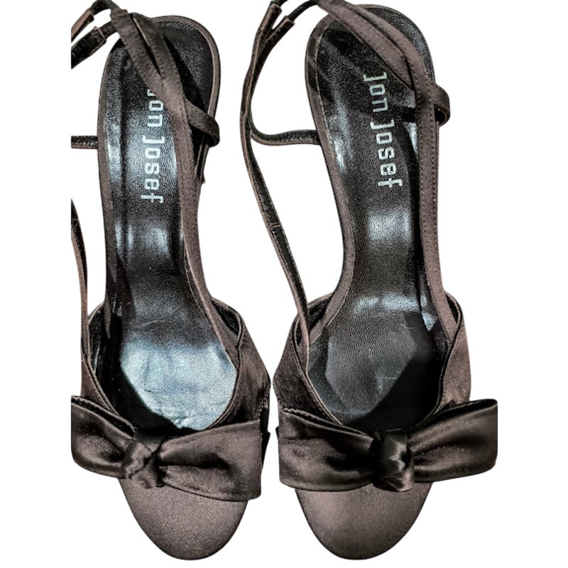 Jon Josef Satin Slingback Peeptoe Heels With Bows, Brown, Size 6